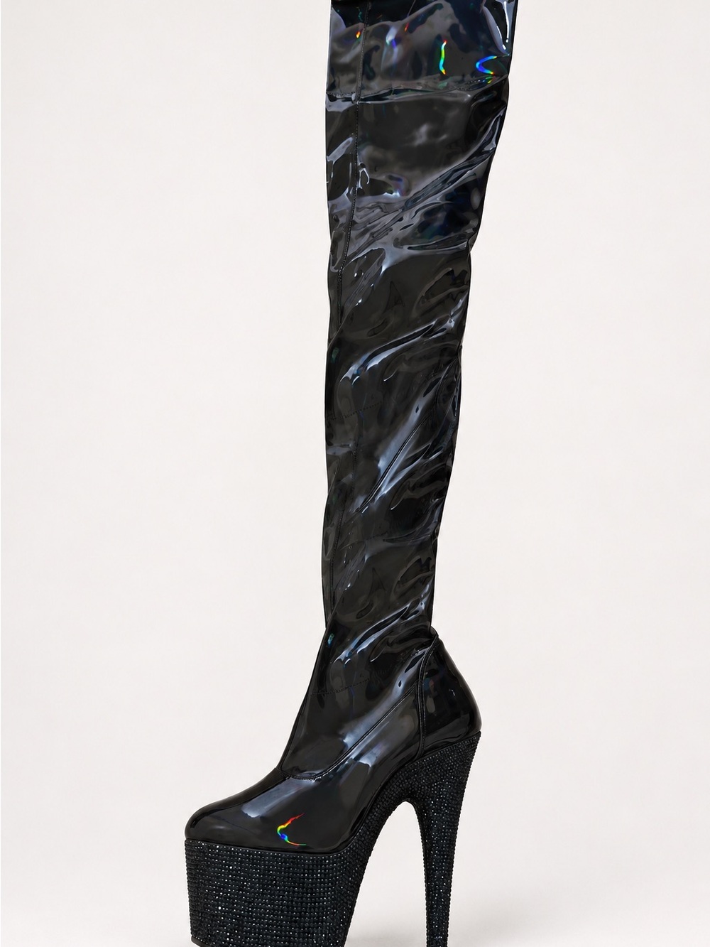 Pleaser Bejeweled-3000-7 Black Hologram Rhinestone Thigh High Boots